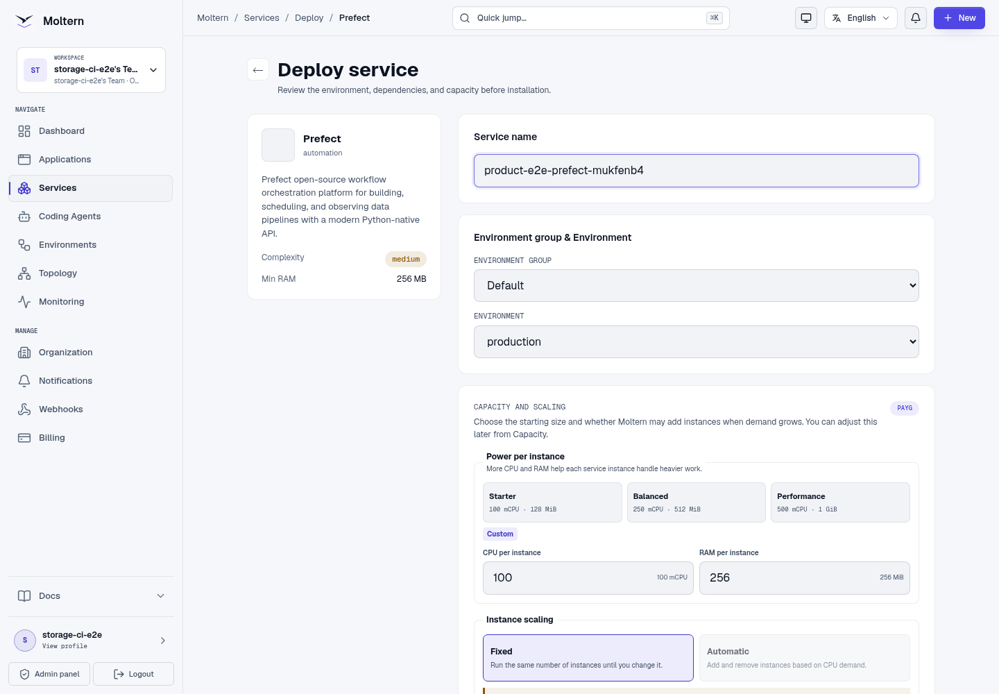 Prefect deployment form in Moltern