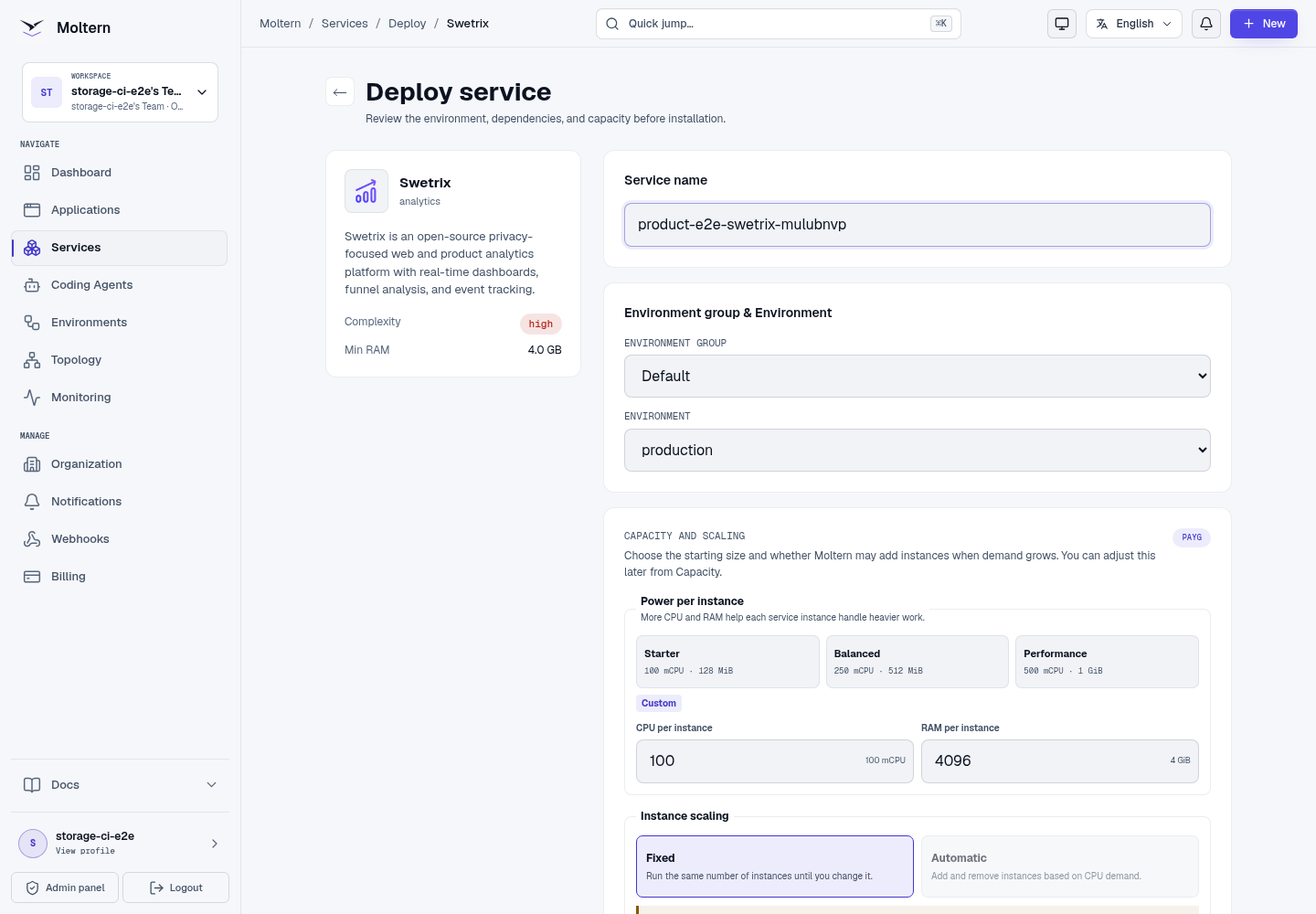 Swetrix deployment form in Moltern