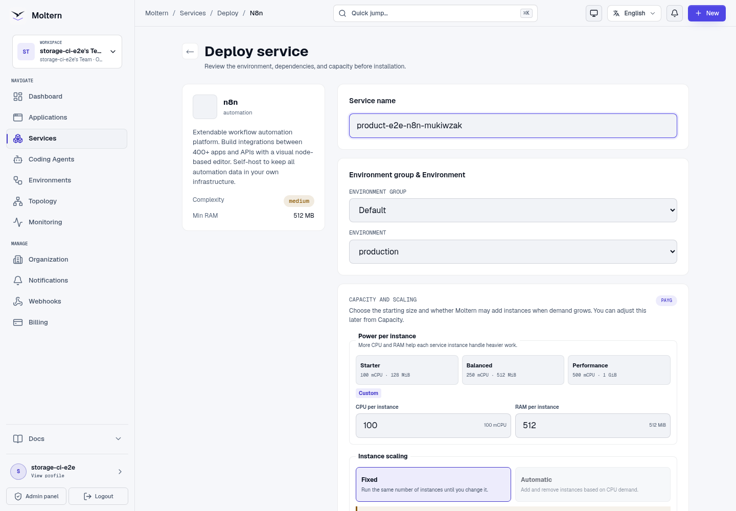 n8n deployment form in Moltern