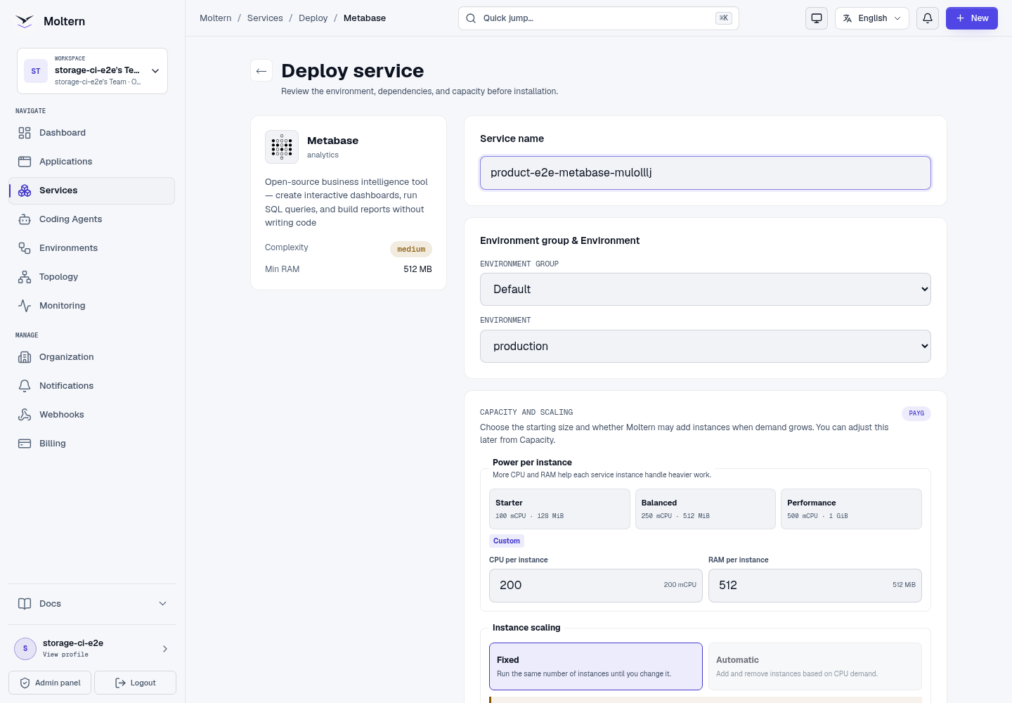 Metabase deployment form in Moltern