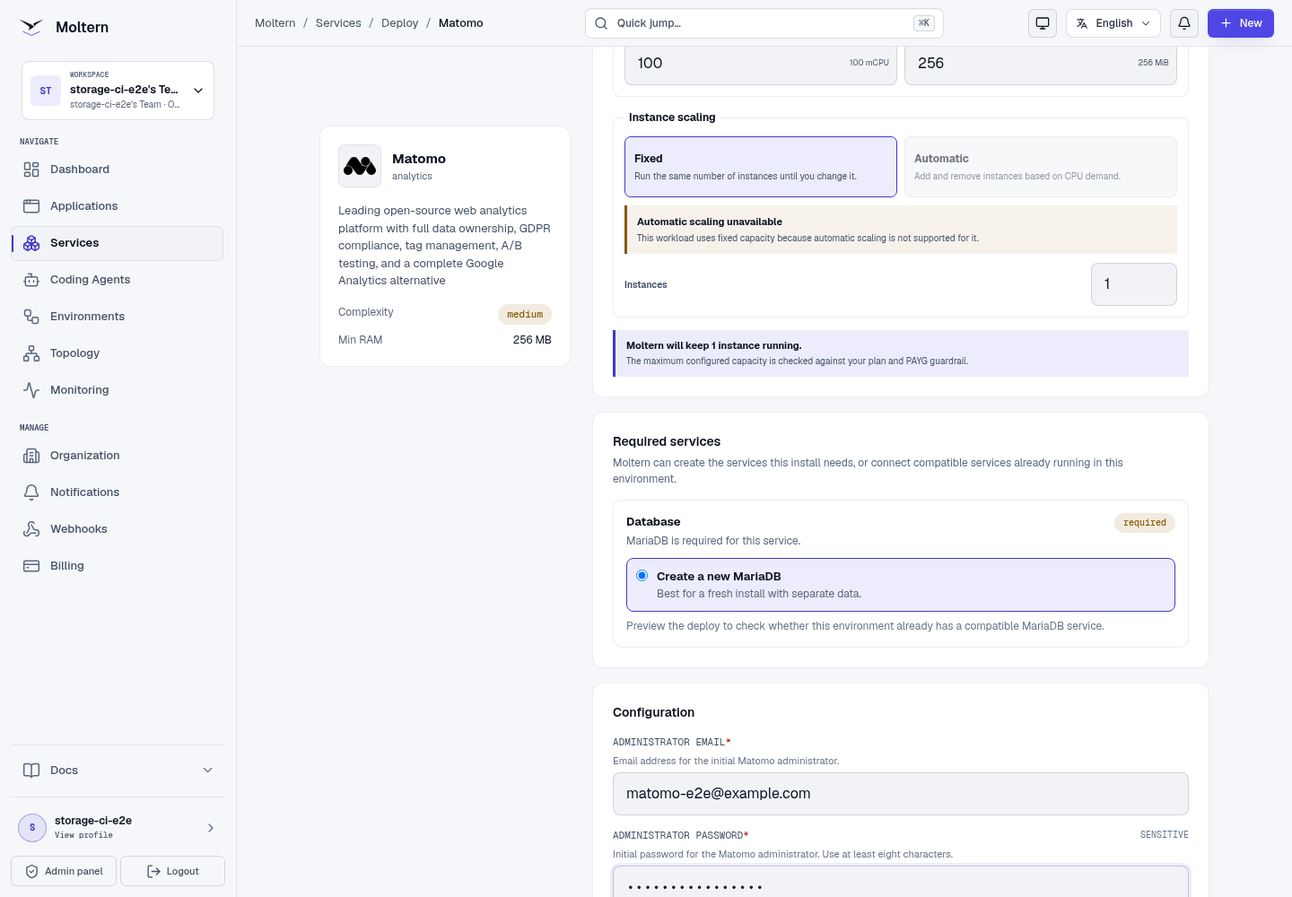 Matomo deployment form with administrator fields in Moltern