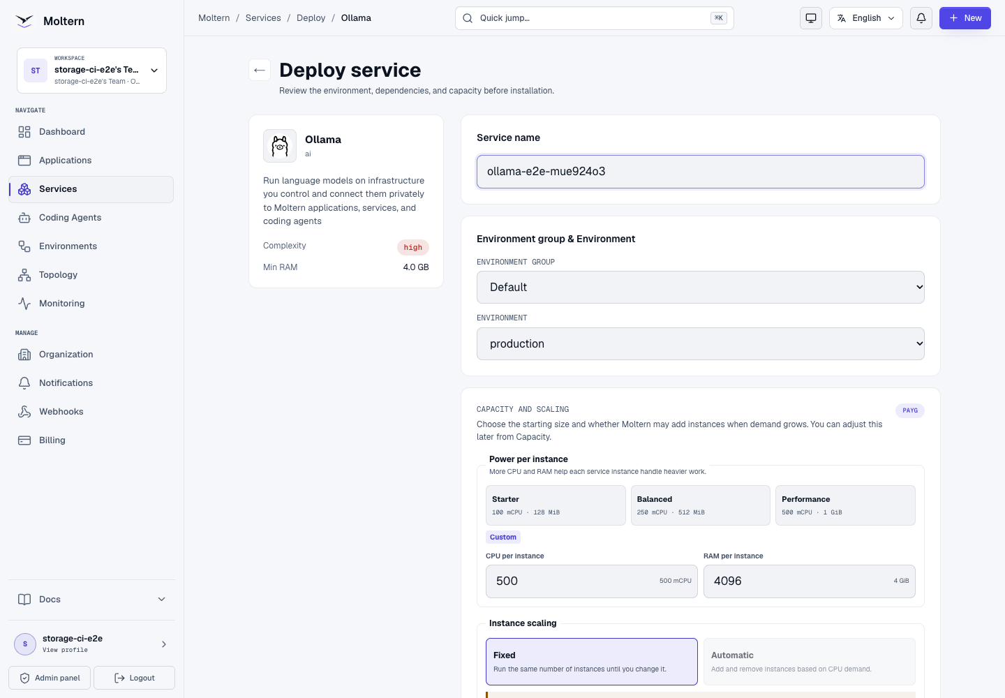 Ollama deployment form with environment and capacity controls