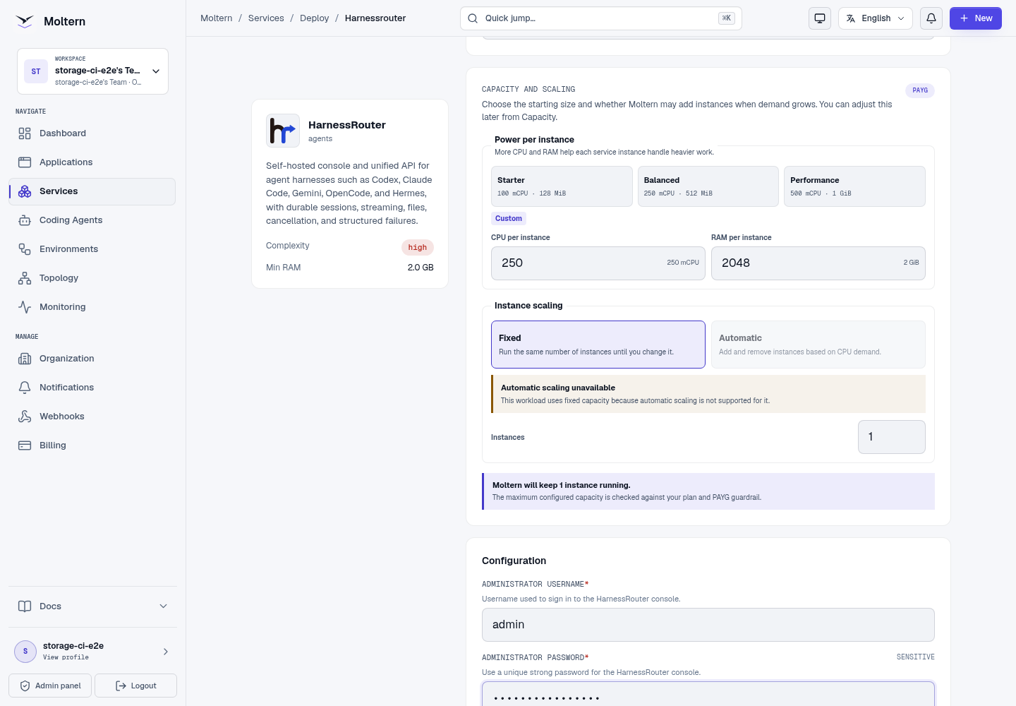 HarnessRouter deployment form in Moltern