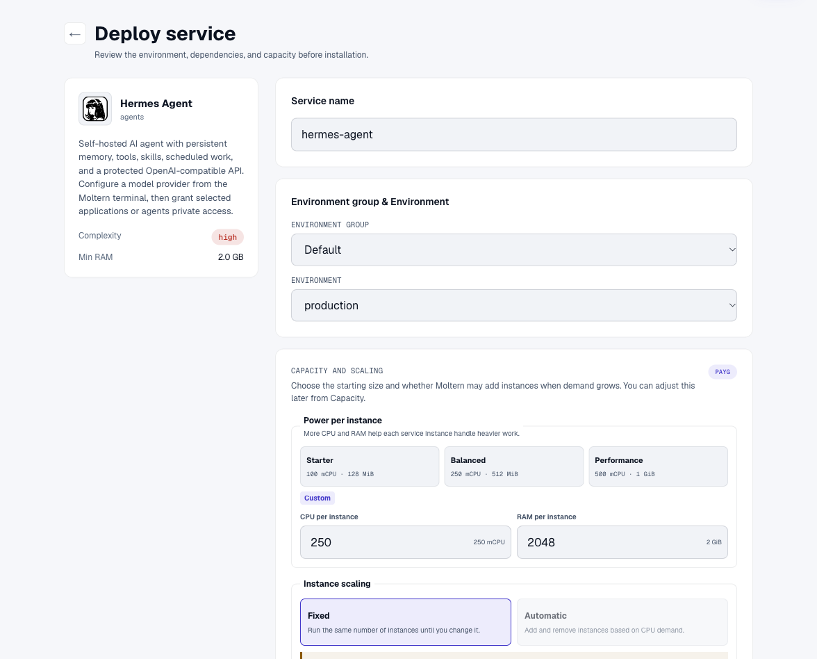Hermes Agent deployment form in Moltern