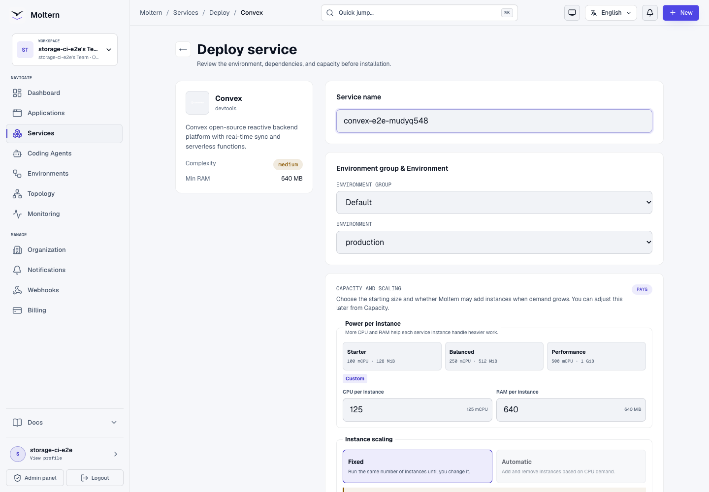 Convex deployment form with environment and capacity controls