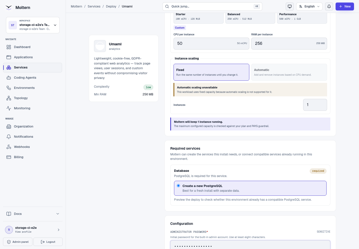 Umami deployment form with protected administrator password
