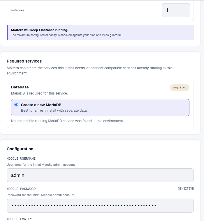 Moodle deployment preview with administrator settings and managed database