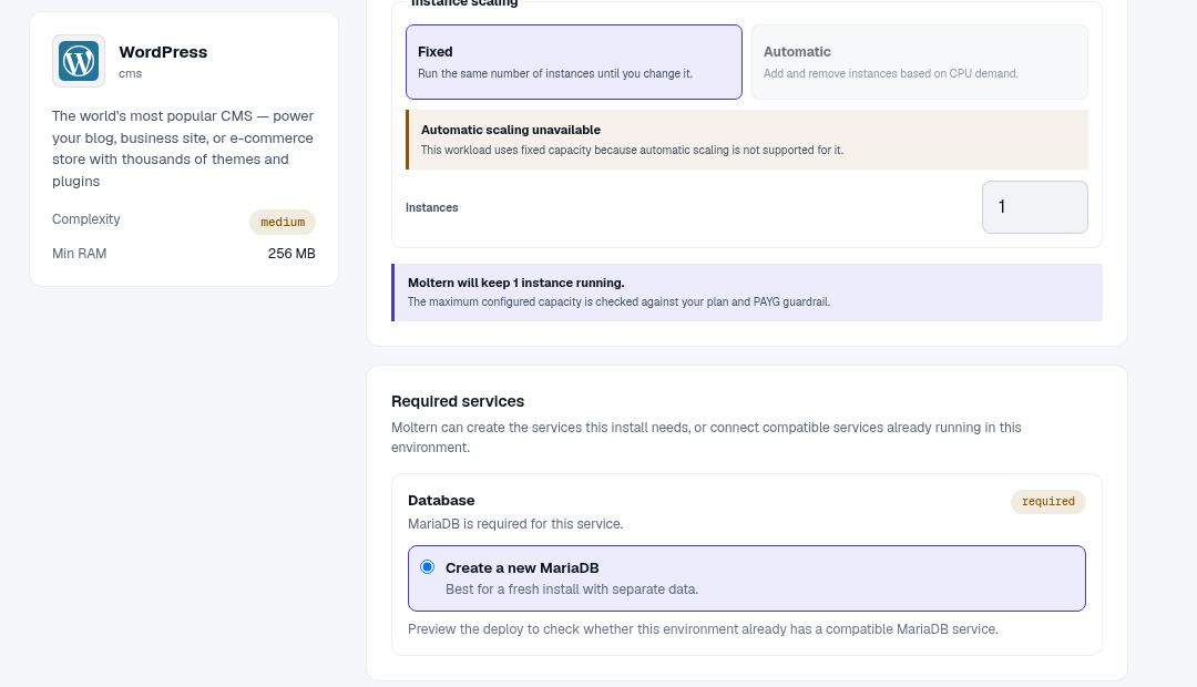 WordPress capacity and required MariaDB choices in the Moltern deployment form