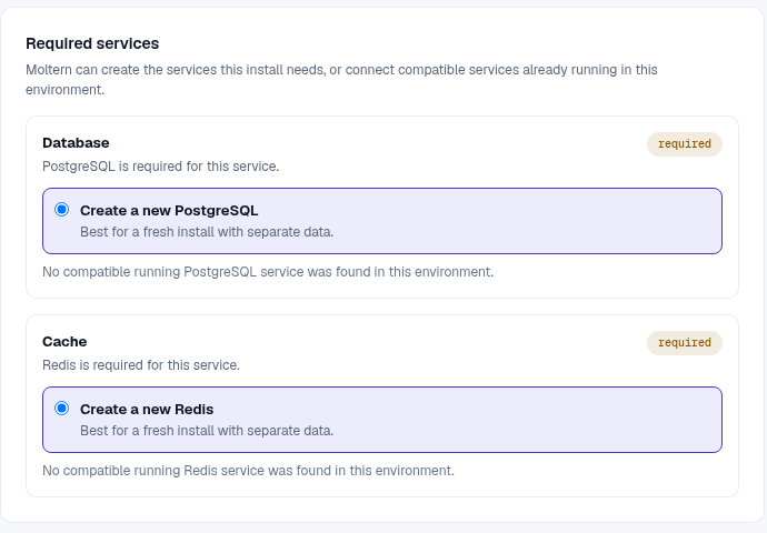 Docmost deployment preview with its required services and capacity