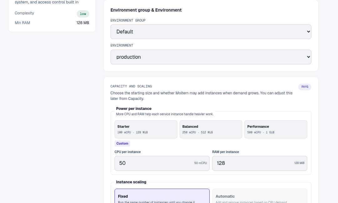 DokuWiki environment and capacity choices in the Moltern deployment form