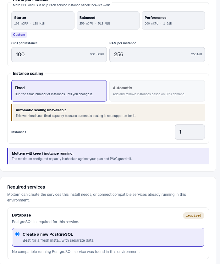 Wiki.js deployment preview with its managed database and capacity