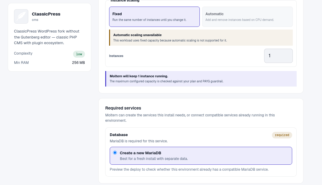 ClassicPress capacity and required MariaDB choices in the Moltern deployment form