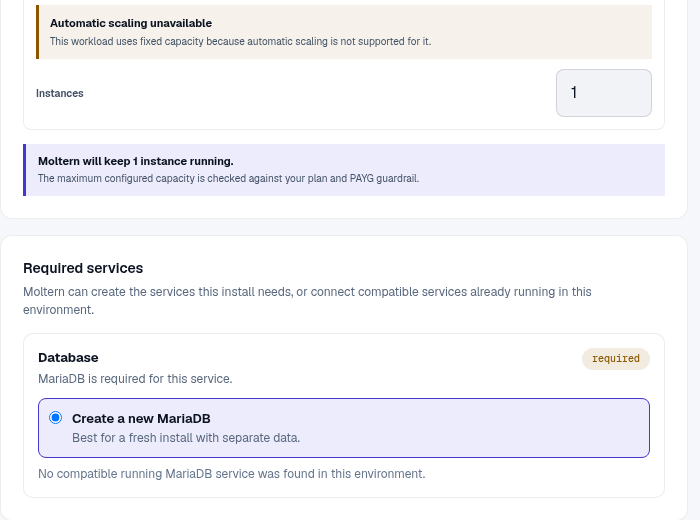 Drupal deployment preview with its managed database and capacity