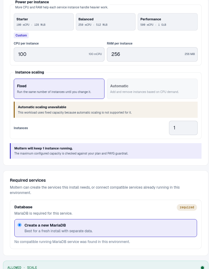 Ghost deployment preview with its managed database and capacity