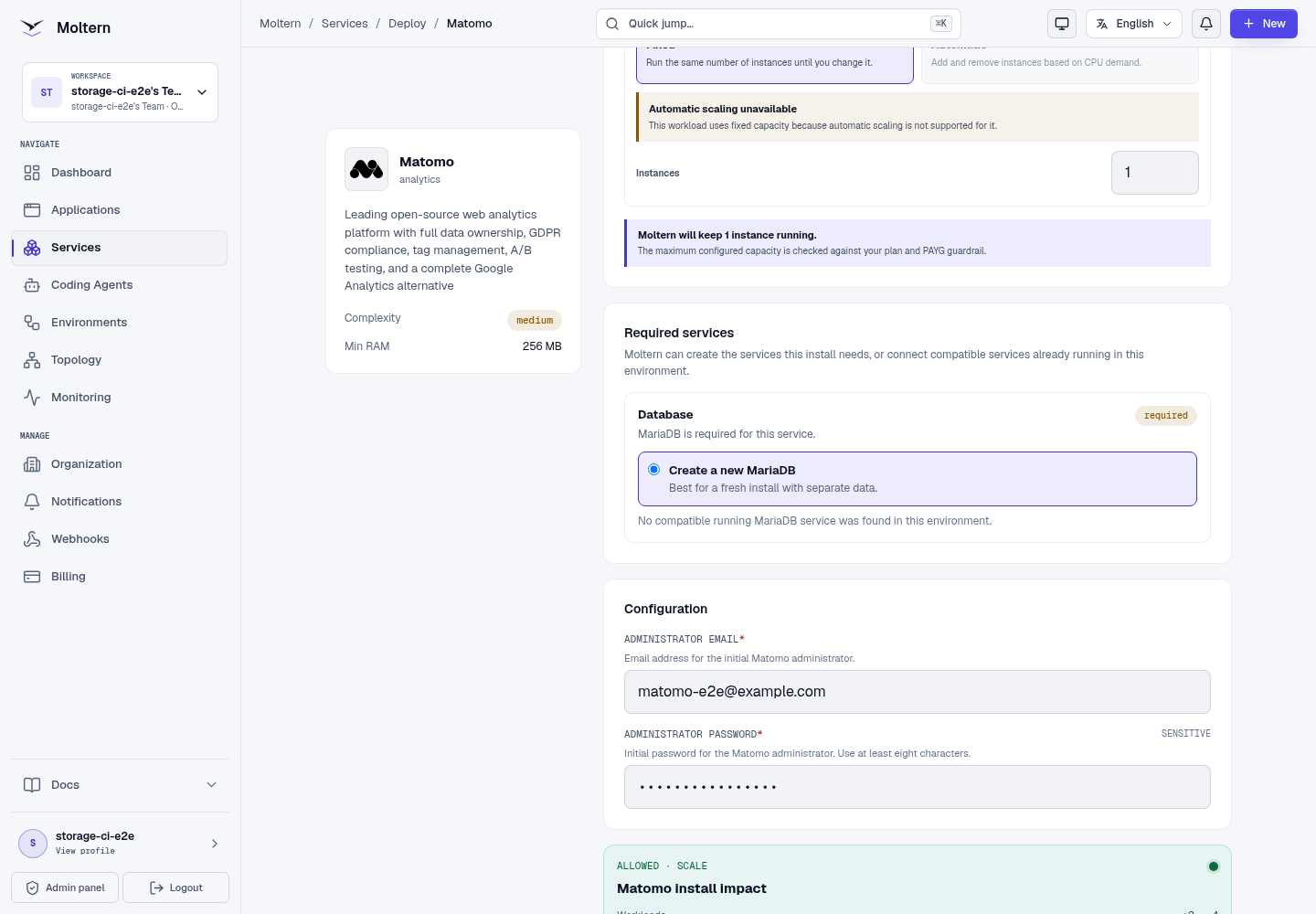 Matomo deployment preview showing its managed MariaDB dependency