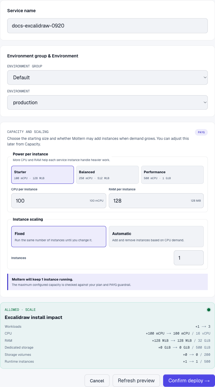 Excalidraw deployment capacity and install preview in Moltern