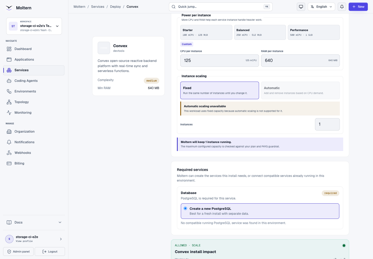 Convex deployment preview with the required managed PostgreSQL service
