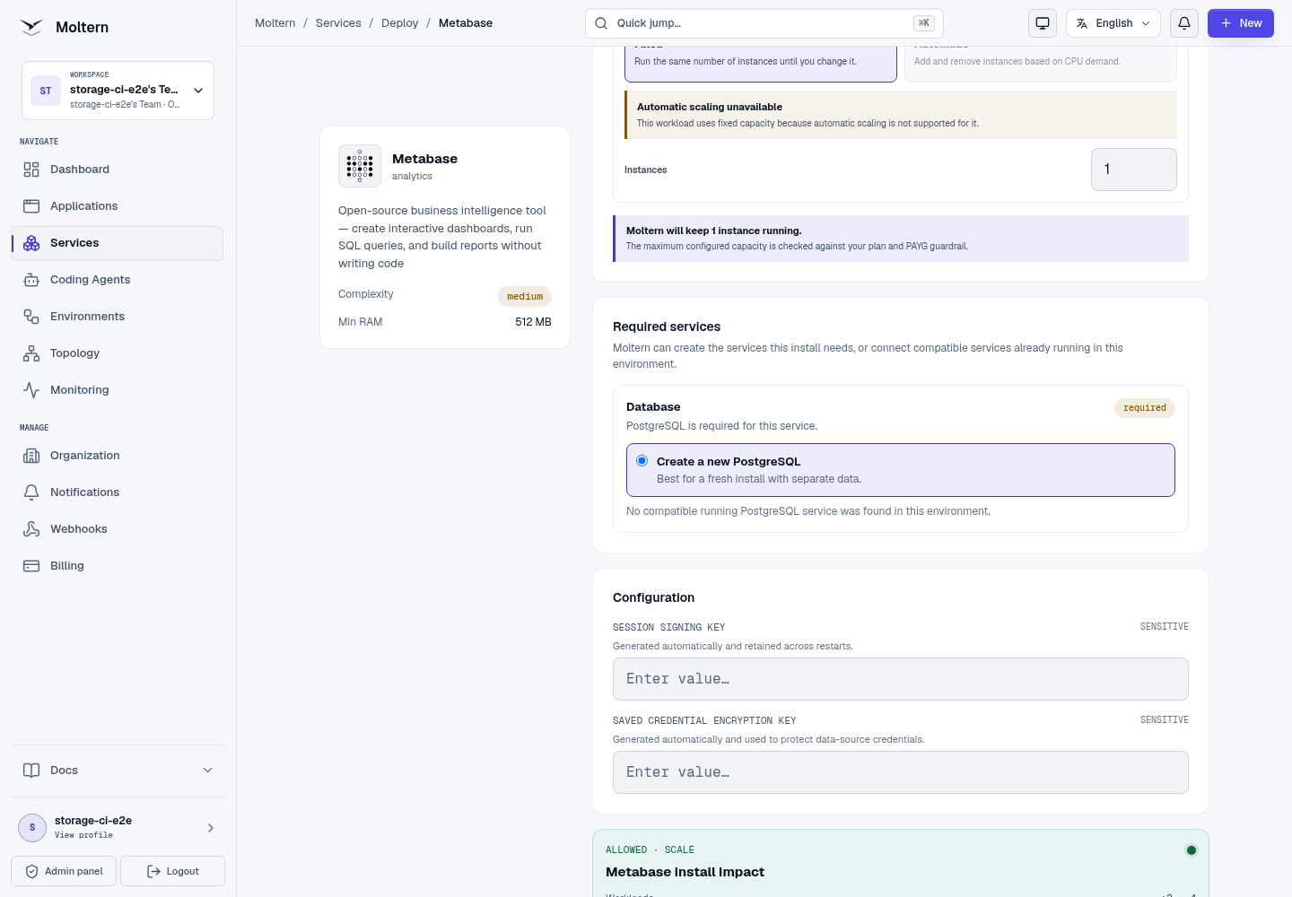 Metabase install preview showing a managed PostgreSQL dependency