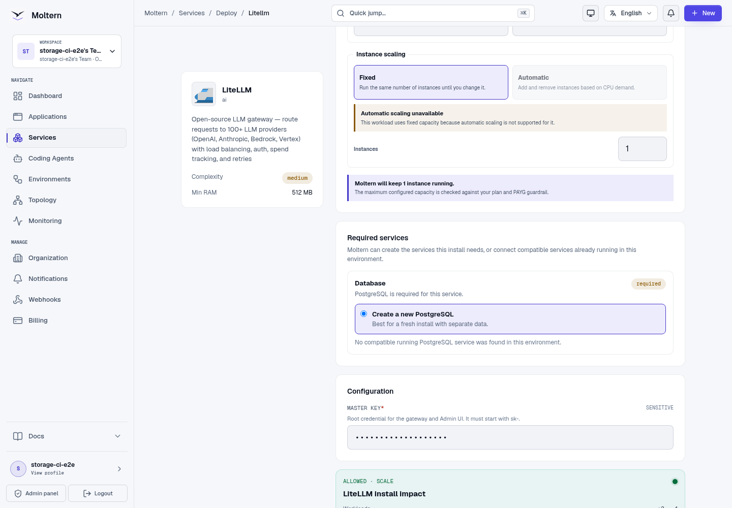 LiteLLM deployment preview showing the complete install impact