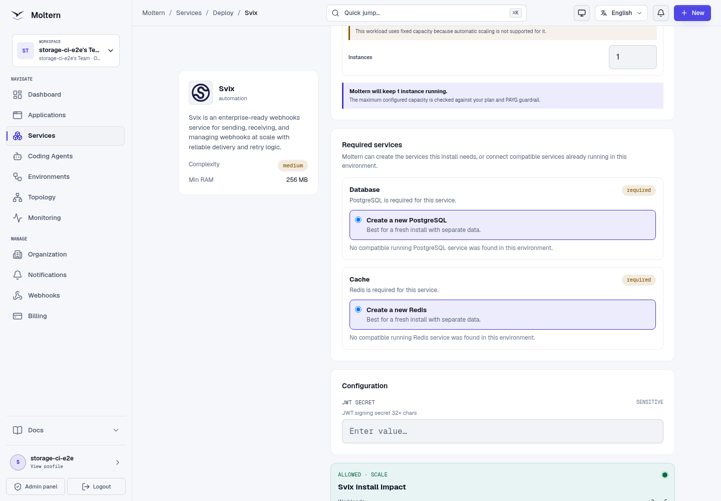 Svix deployment preview showing private access and dependencies
