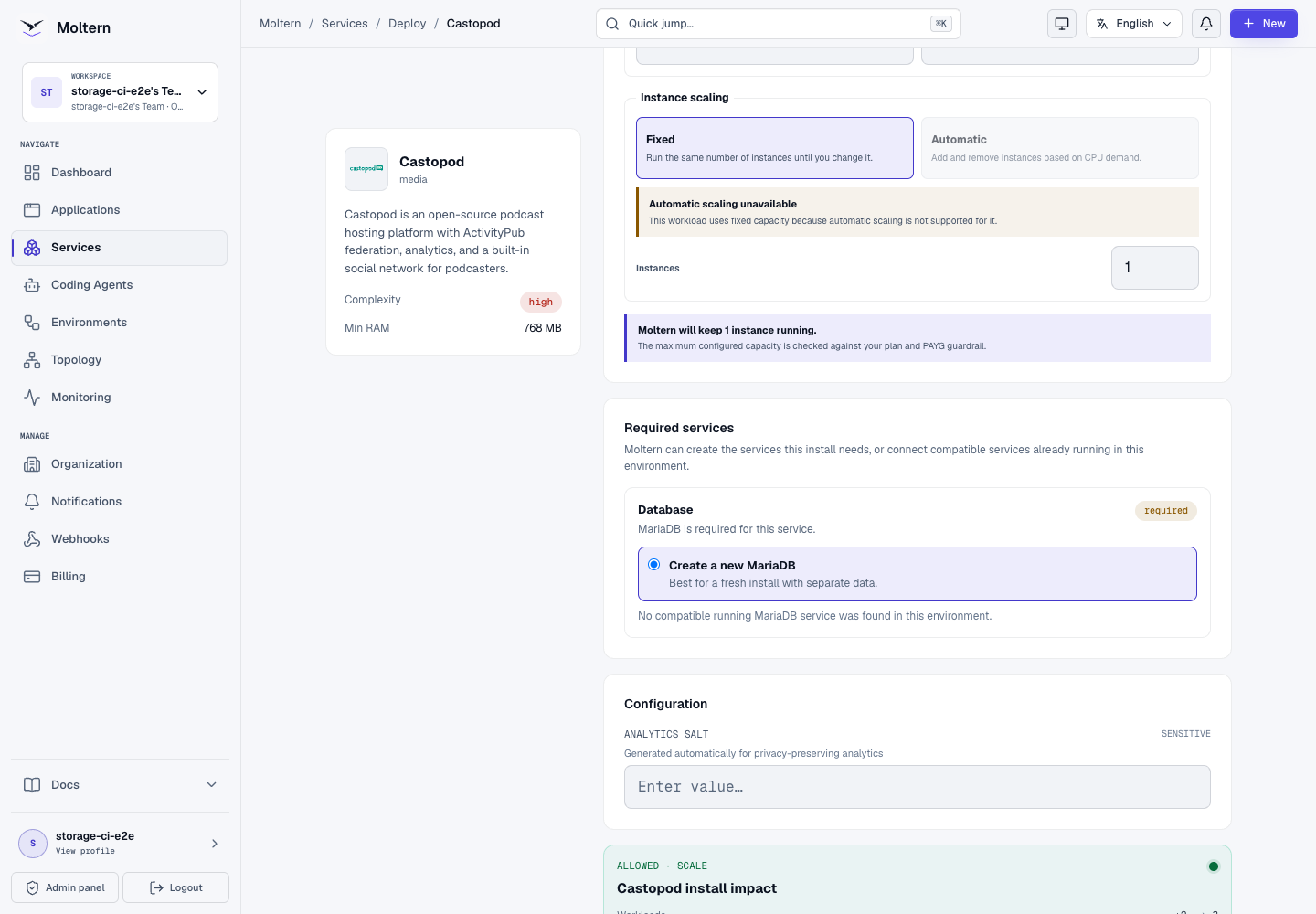 Castopod deploy preview with its required MariaDB dependency and no dedicated volume