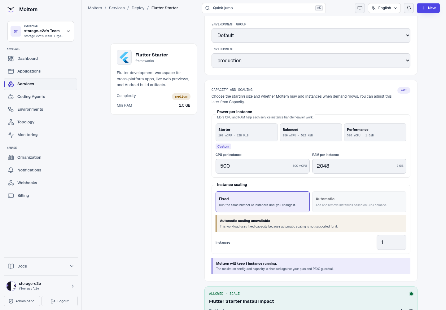 Flutter Starter capacity and deployment preview in Moltern