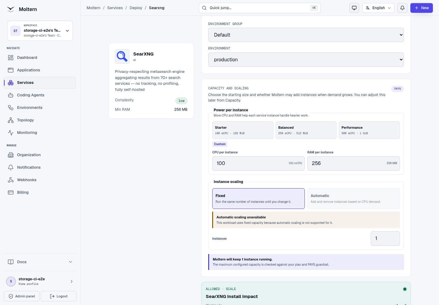 SearXNG install preview showing one workload and no dedicated storage