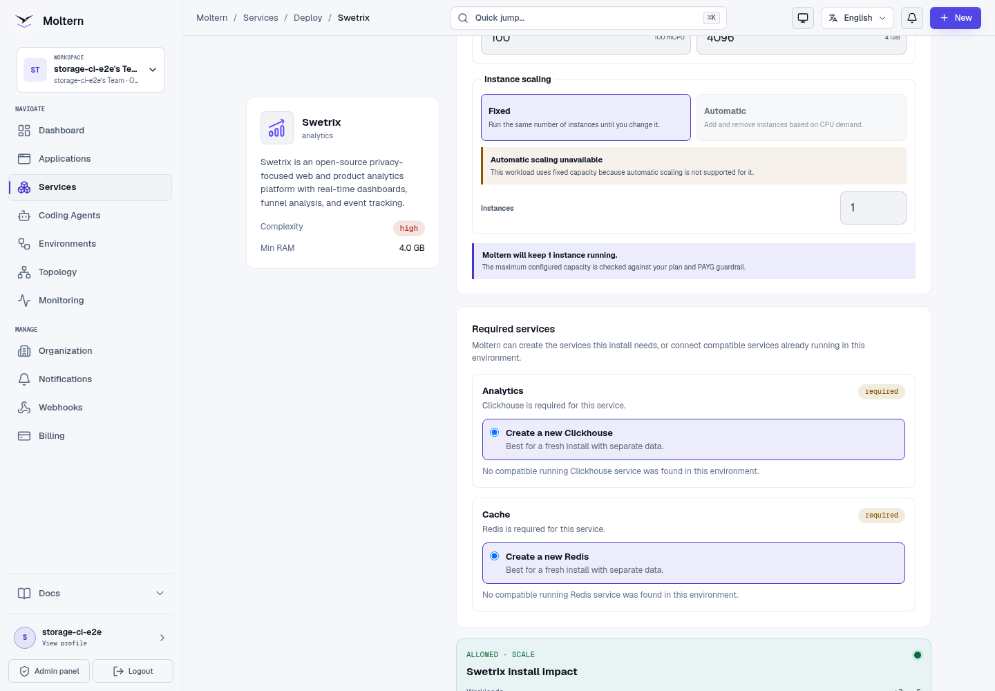 Swetrix deployment preview with ClickHouse and Redis dependencies