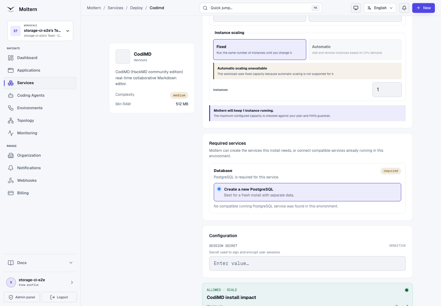 CodiMD deployment preview showing its required managed PostgreSQL service