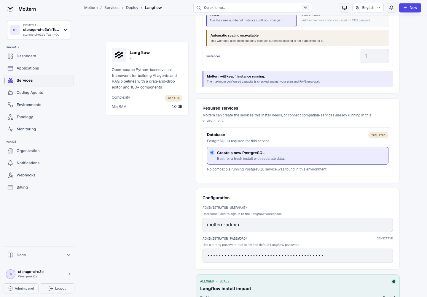 Langflow install preview showing two workloads and no dedicated volume