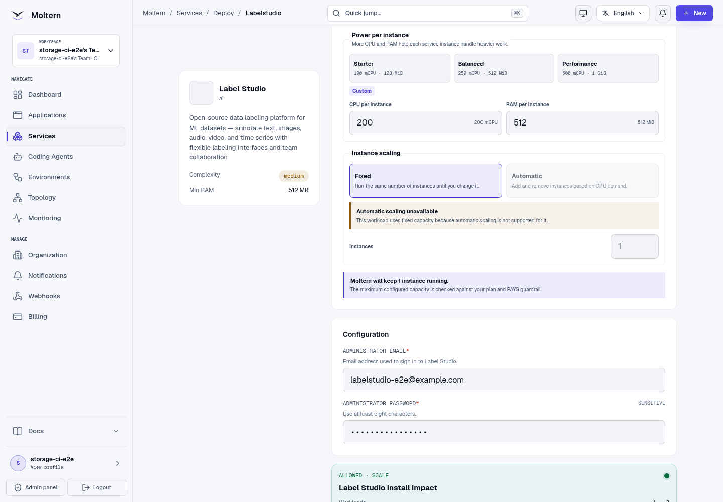 Label Studio deployment preview before confirmation