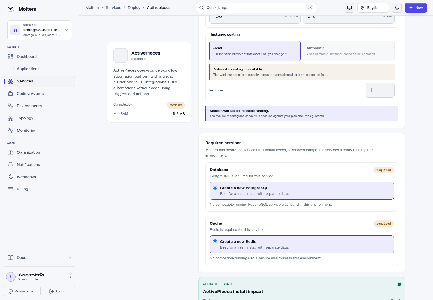 ActivePieces deployment preview with managed dependencies