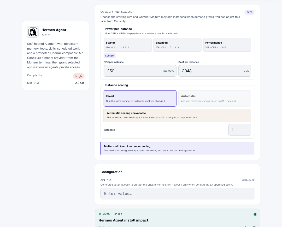 Hermes Agent deployment preview with capacity and storage impact