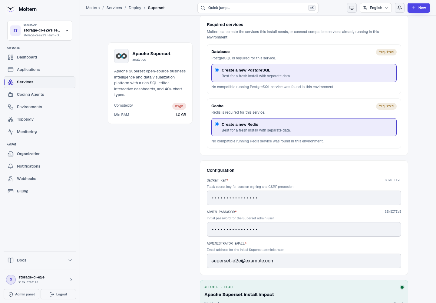 Apache Superset deployment preview with managed PostgreSQL and Redis