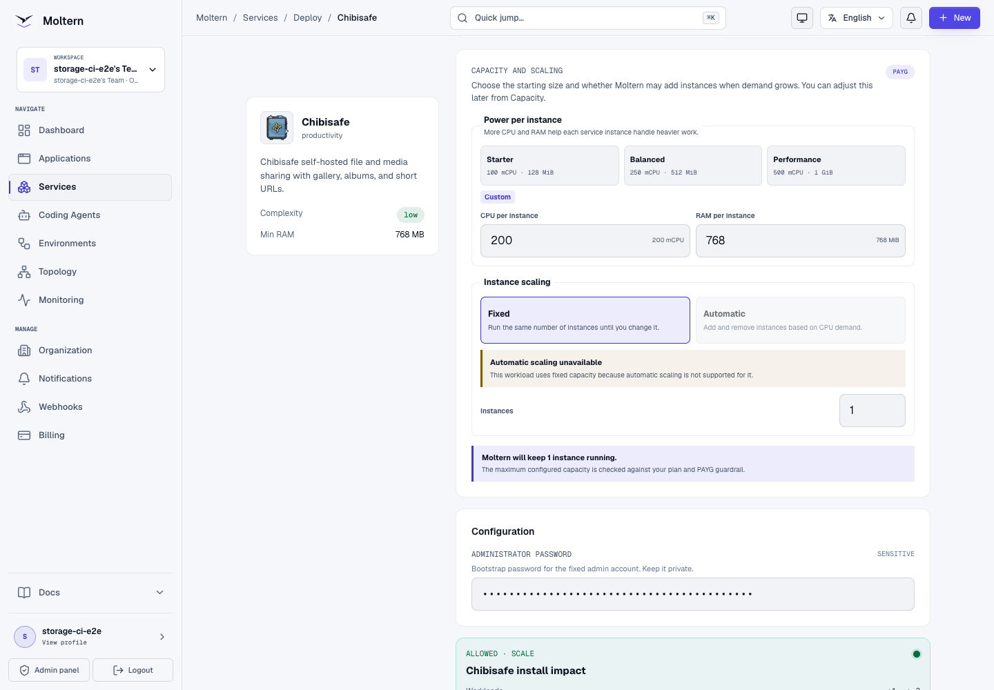 Chibisafe deployment preview in Moltern with fixed capacity and protected administrator password
