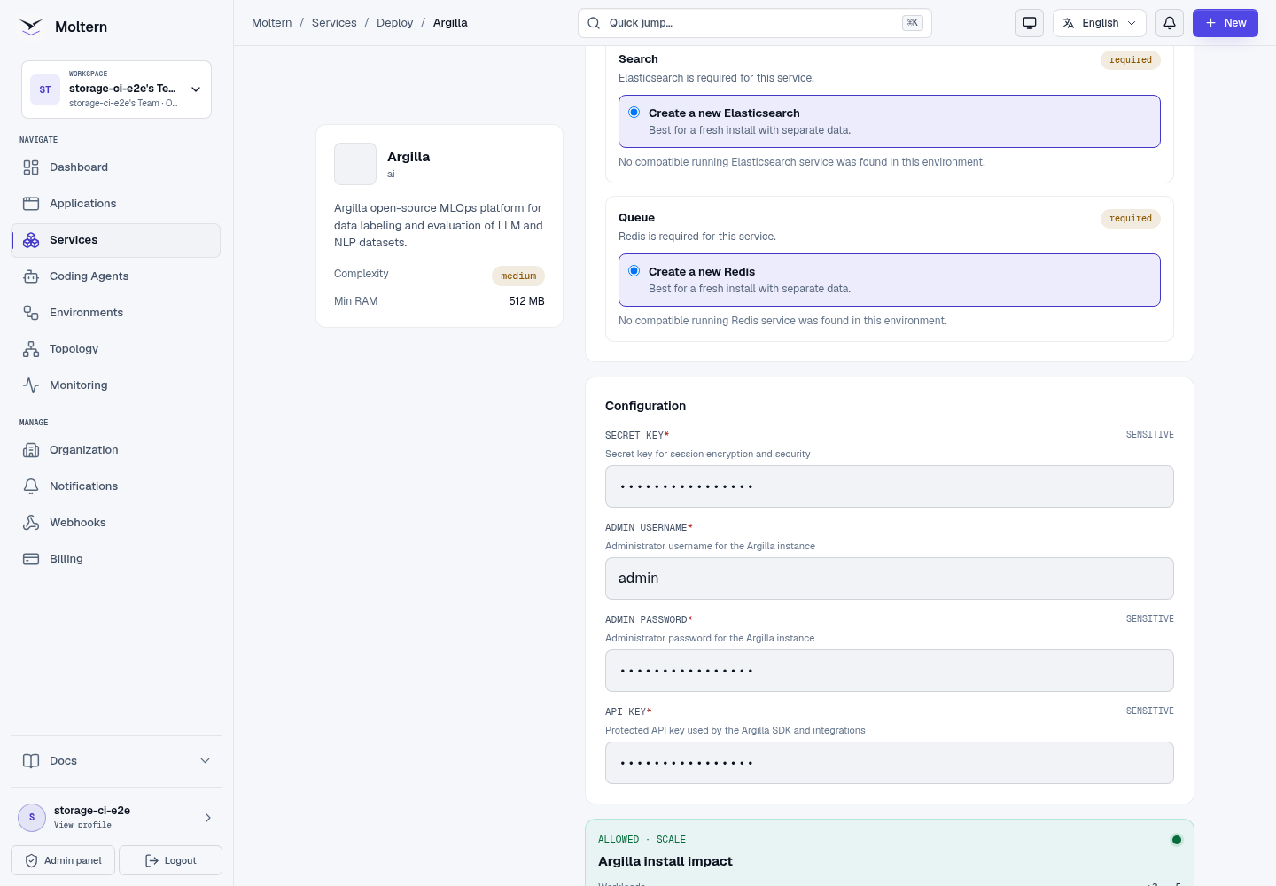 Argilla deployment preview showing the complete workload impact