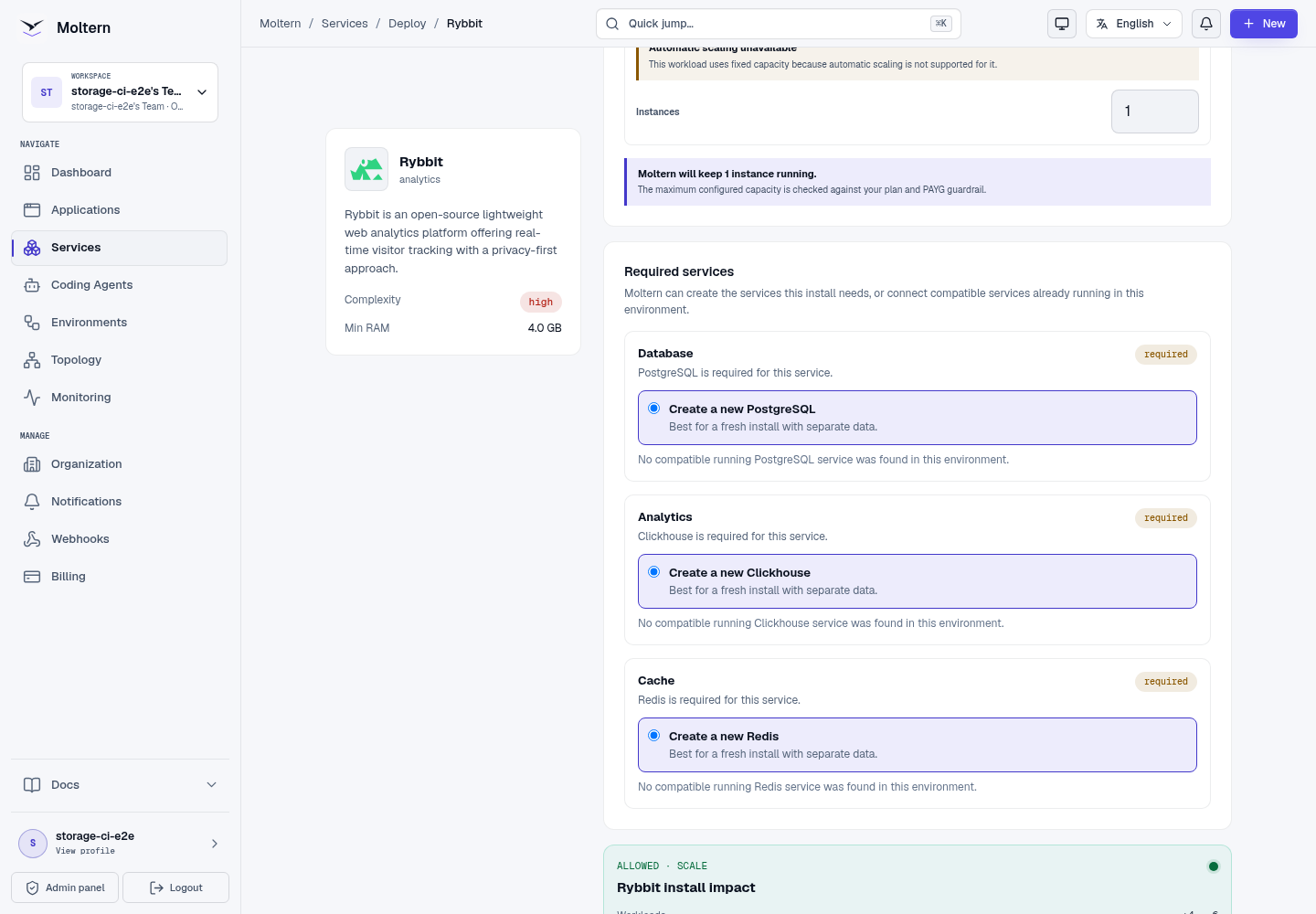 Rybbit deployment preview with PostgreSQL, ClickHouse and Redis dependencies