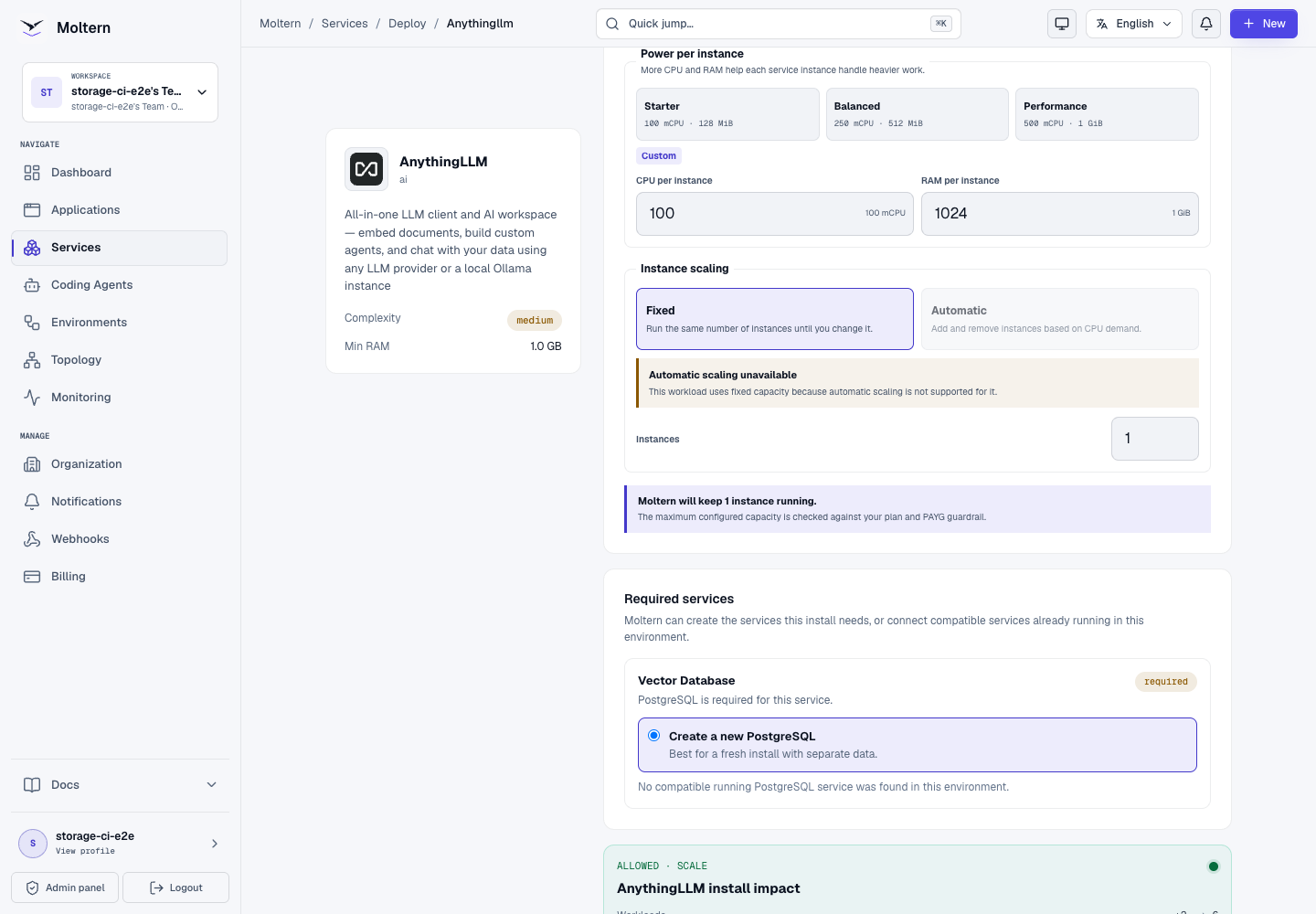 AnythingLLM deployment preview with its required PostgreSQL vector database