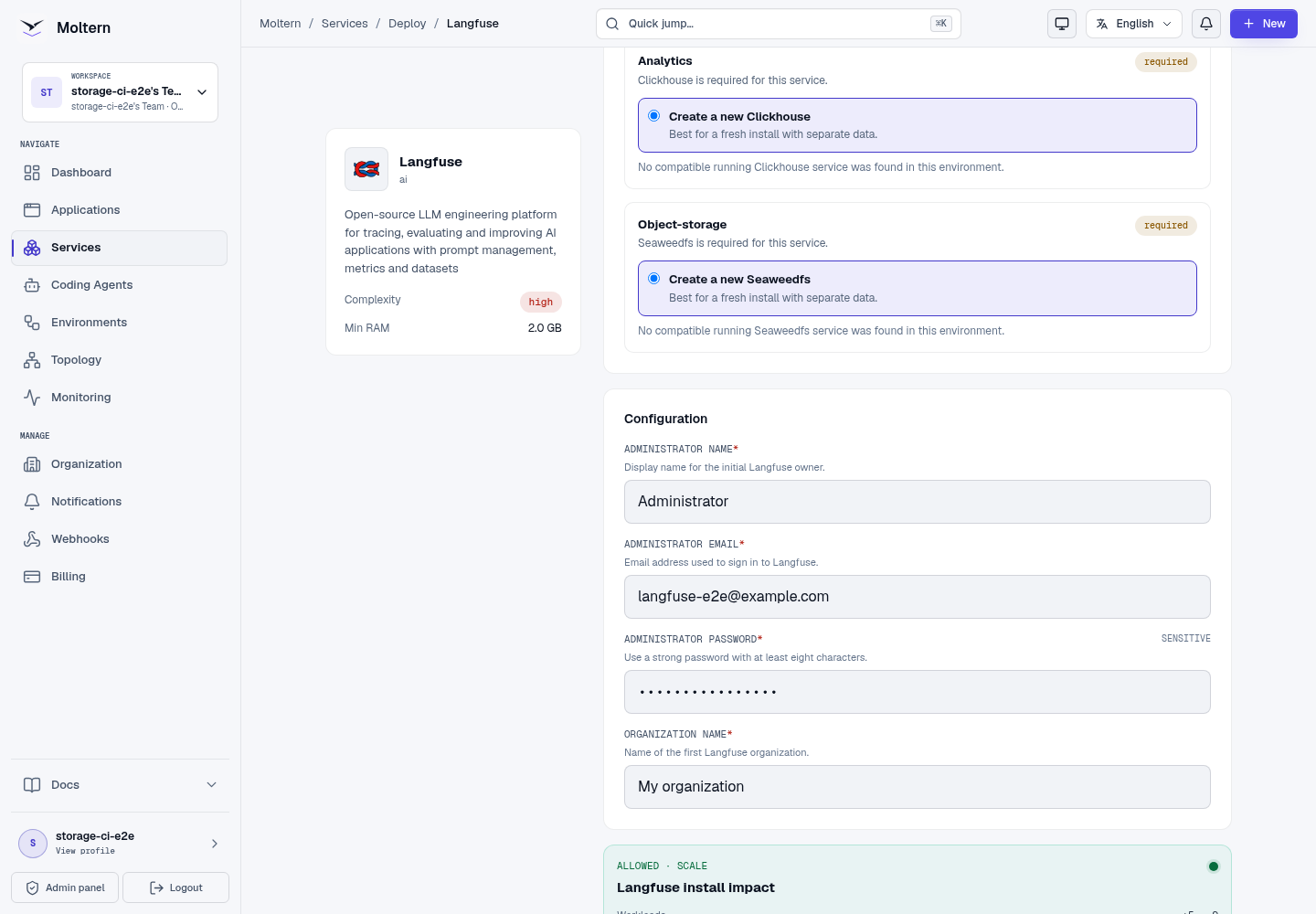 Langfuse deployment preview showing the required managed services