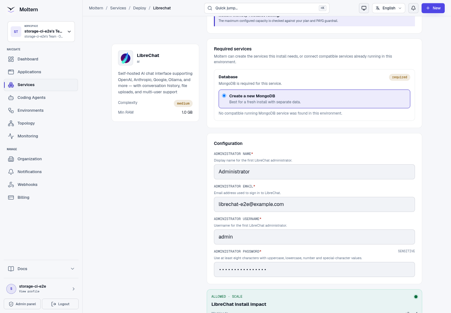 LibreChat deployment preview with its managed database