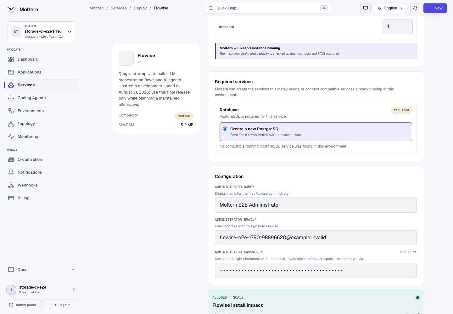 Flowise install preview showing two workloads and no dedicated volumes