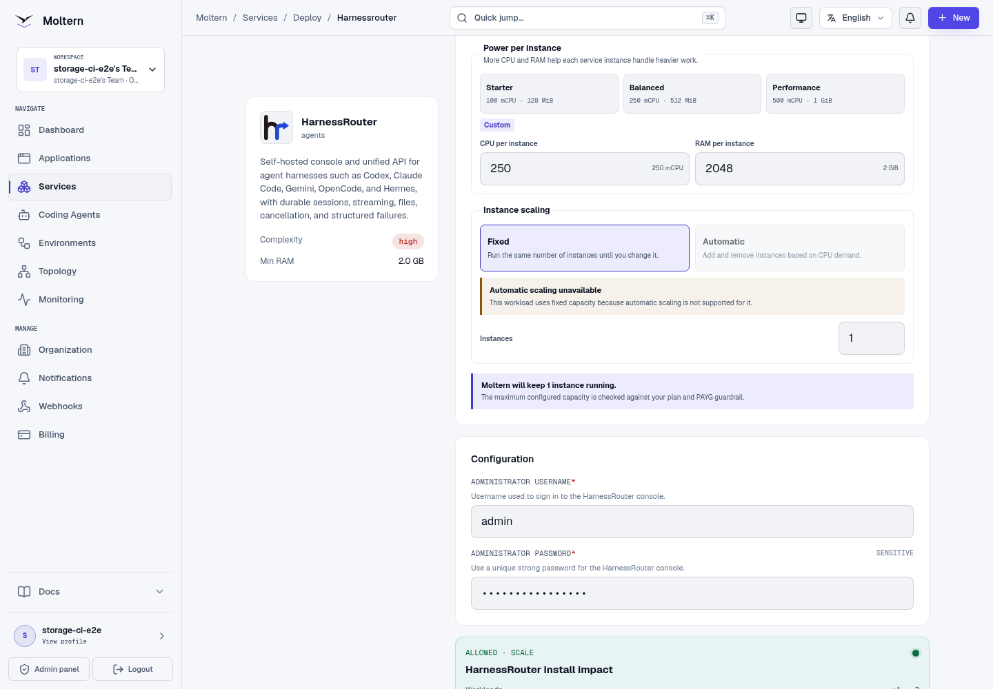 HarnessRouter deployment preview with capacity and storage impact