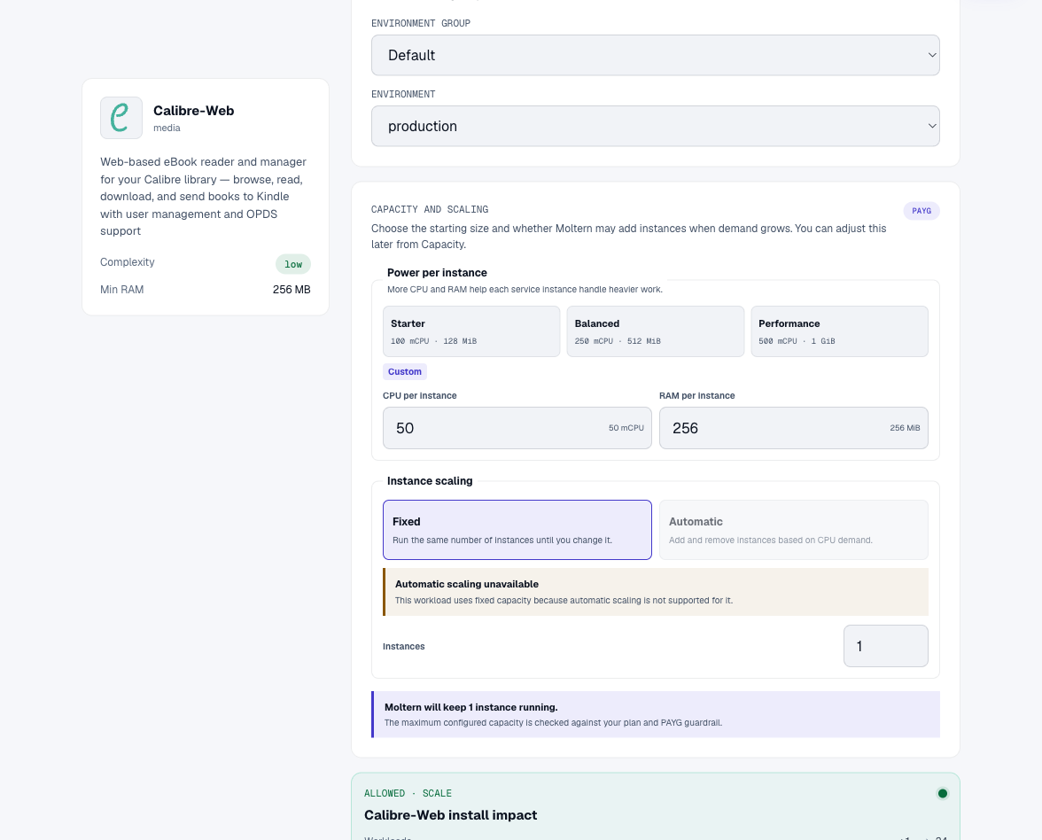 Calibre-Web deploy preview showing one workload and no dedicated storage