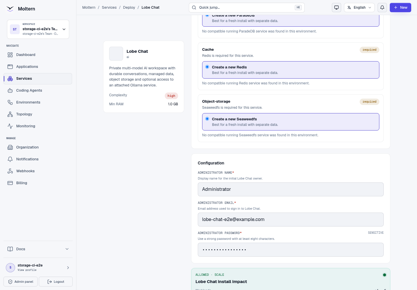 Lobe Chat deployment preview with required services