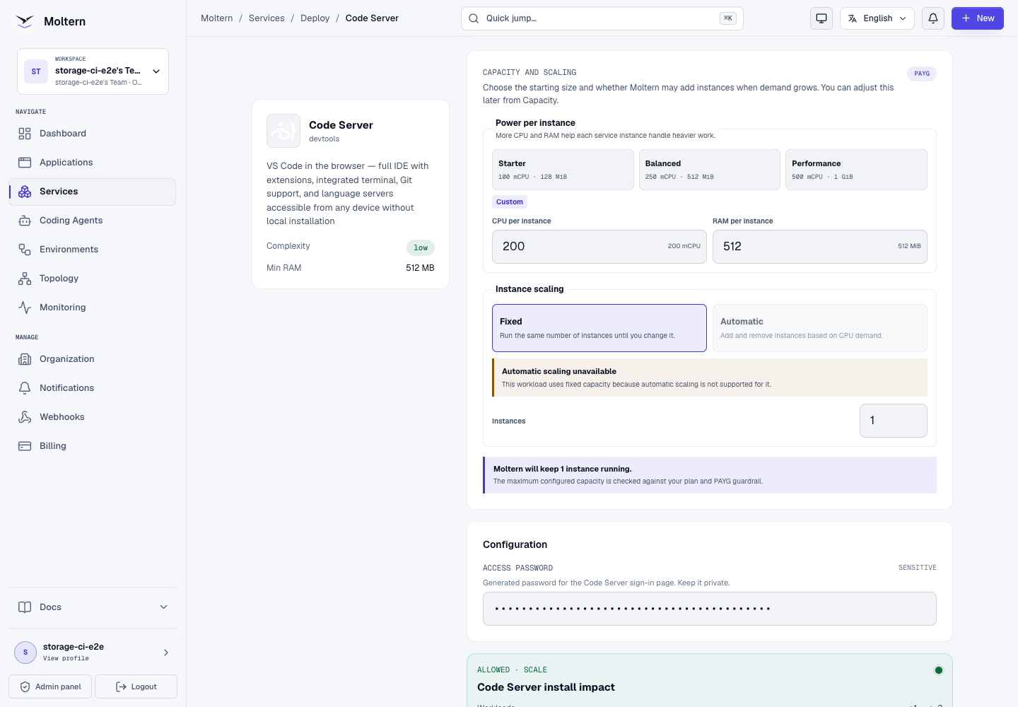 Code Server deployment preview with fixed capacity and a protected generated password