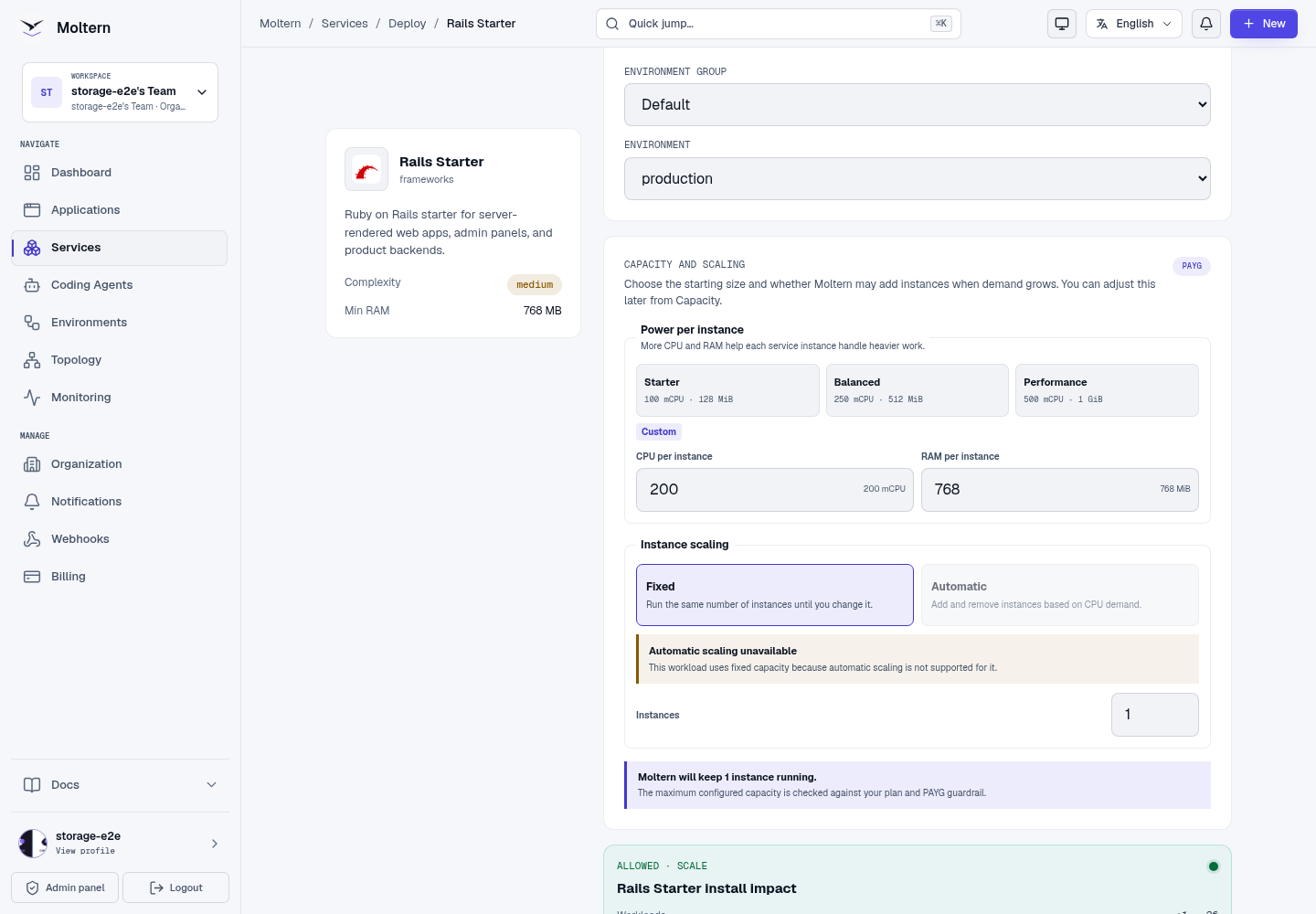 Rails Starter deployment and capacity preview