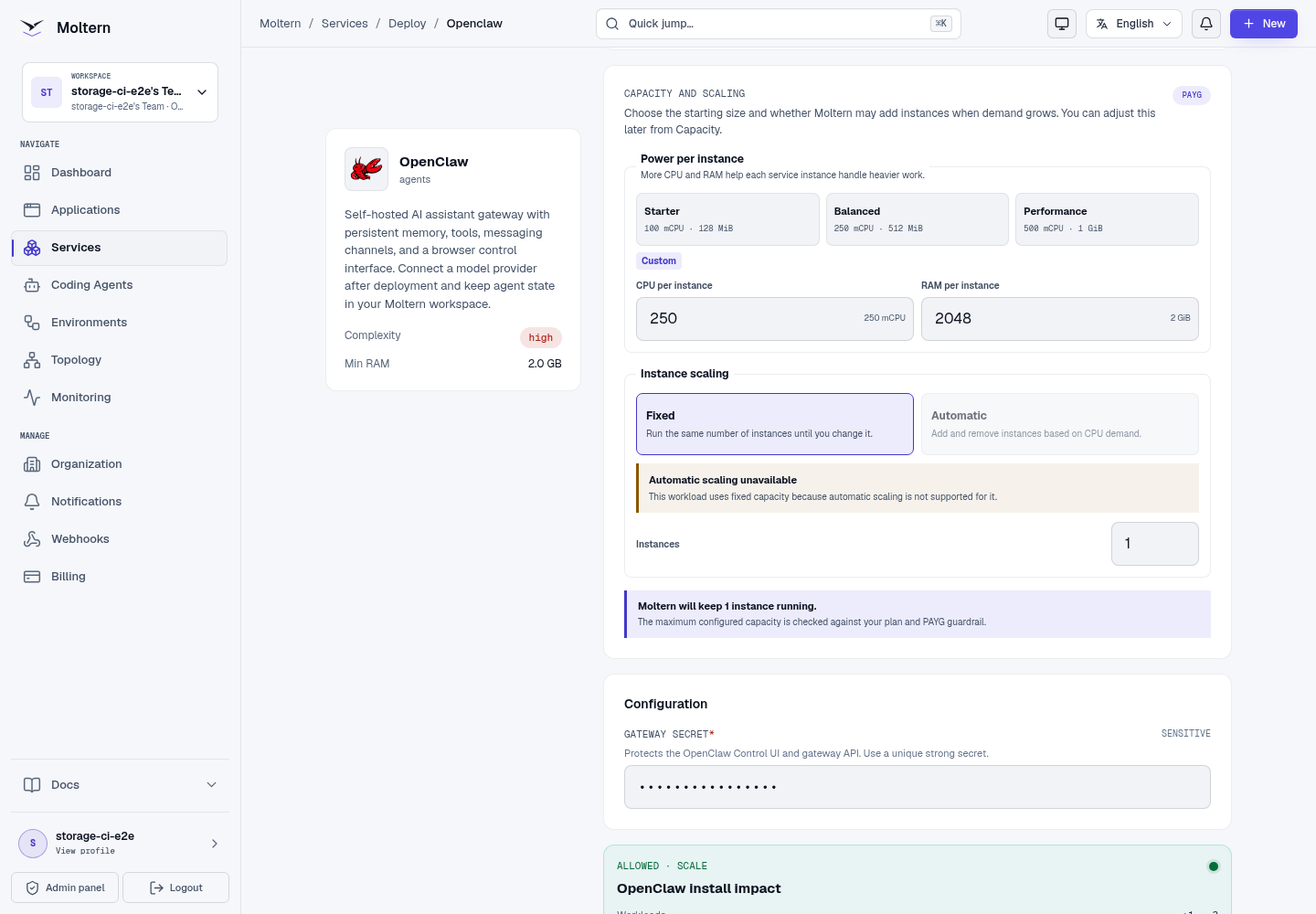 OpenClaw install preview with capacity and storage impact