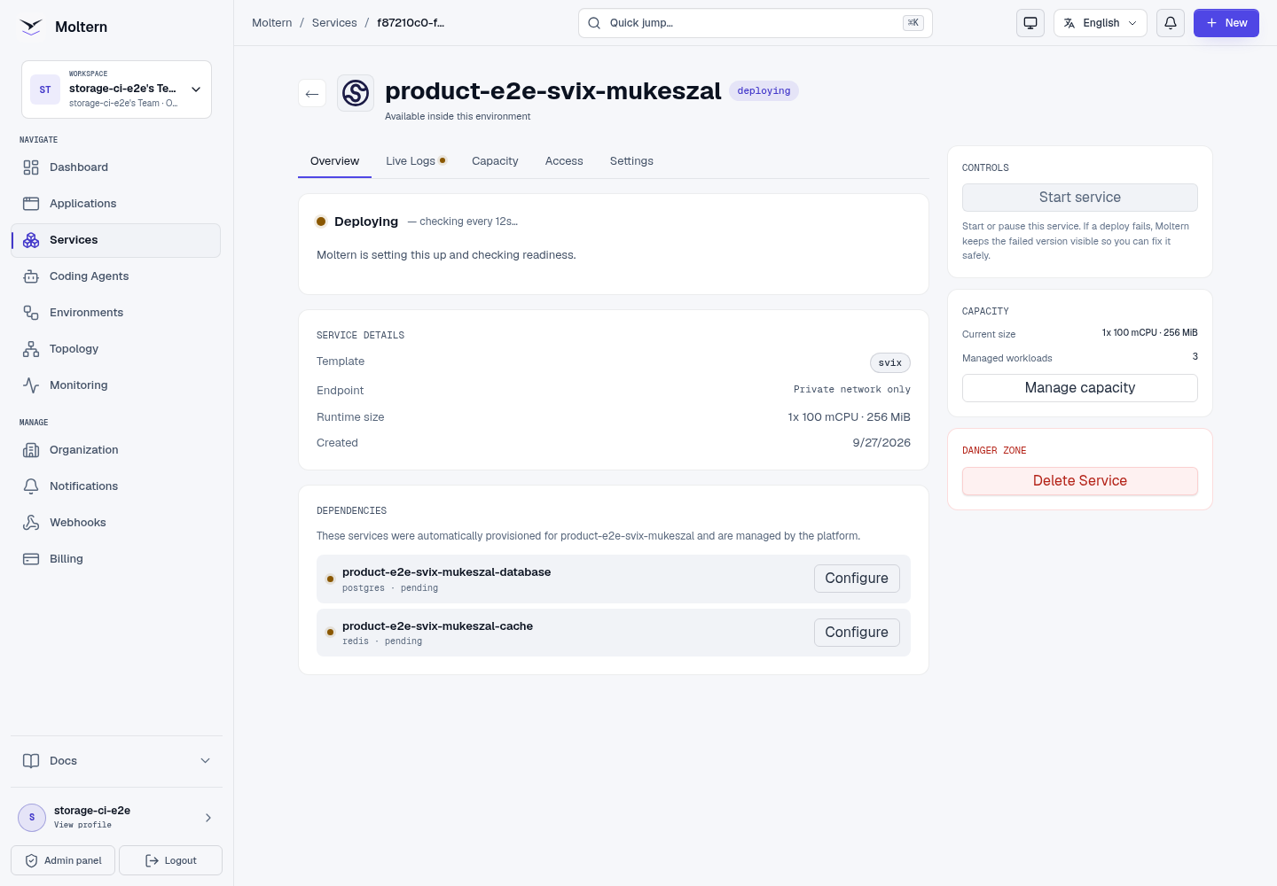 Svix deployment progress with its managed PostgreSQL and Redis dependencies