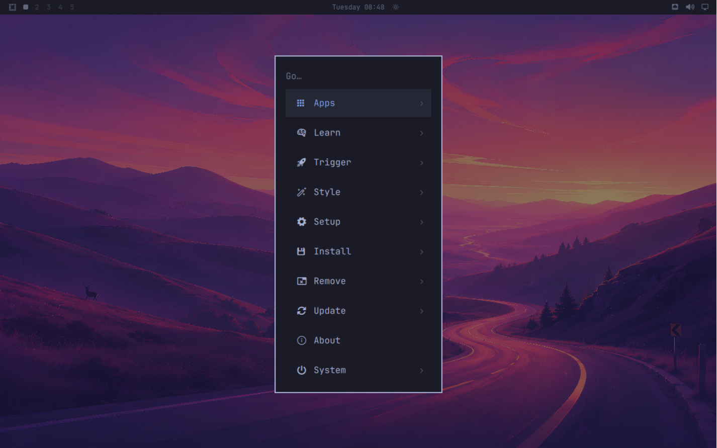 Omarchy's desktop menu with Apps, Learn, Style, Setup and Install entries
