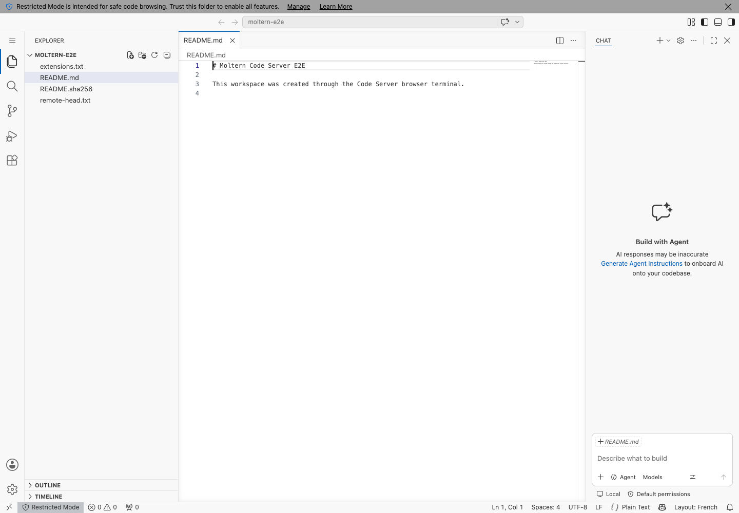 A persistent README open in Code Server after the browser-terminal workflow